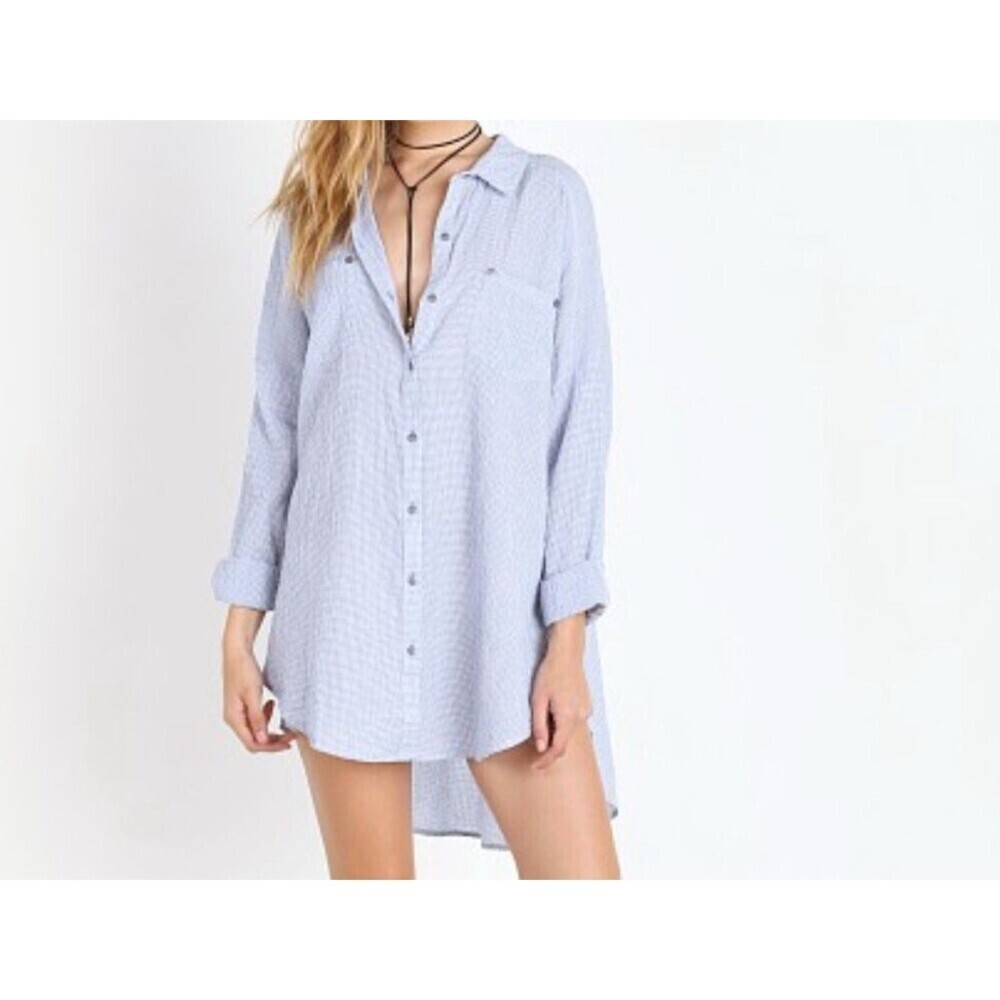 Free People Puckered Check Lover Her Madly Top White Combo Blue OB415541 Small